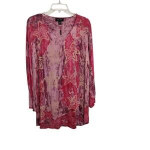 3983)Charlie Page Pink Tie Die Starfish Print V Neck Pullon Rayon Tunic Top L/XL